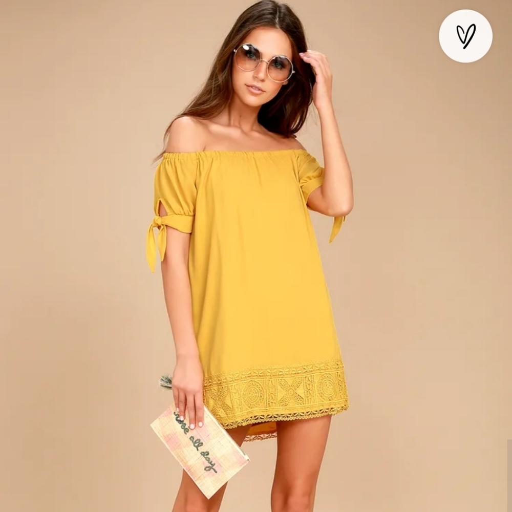 Lulu's Moment in the Sun Mustard Yellow Lace Off-the-Shoulder Dress